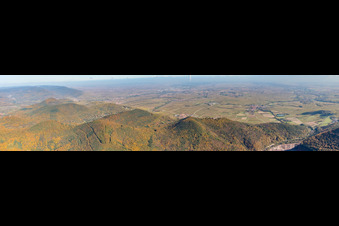 Aerial view of Haardt Panorama behind the Madenburg in Eschbach in the state Rhineland-Palatinate, Germany
