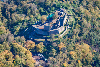 Aerial view of Landeck Ruins in Klingenmünster in the state Rhineland-Palatinate, Germany