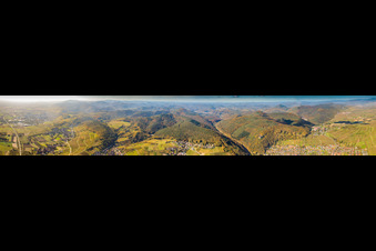 Panoramic perspective of Forest and mountain scenery of Naturpark Pfaelzerwald in Klingenmuenster in the state Rhineland-Palatinate, Germany