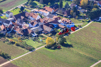 Aerial view of Autogyro over vineyards in Niederhorbach in the state Rhineland-Palatinate, Germany