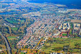 View of the district from the southwest in the district Neureut in Karlsruhe in the state Baden-Wuerttemberg, Germany