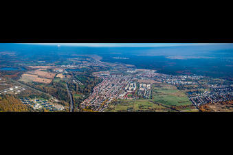 Panoramic perspective Town View of the streets and houses of the residential areas in the district Neureut in Karlsruhe in the state Baden-Wurttemberg, Germany