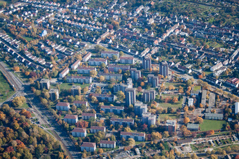 Drone recording of District Oststadt in Karlsruhe in the state Baden-Wuerttemberg, Germany