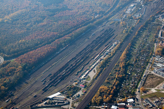 Aerial view of Freight station in the district Südstadt in Karlsruhe in the state Baden-Wuerttemberg, Germany