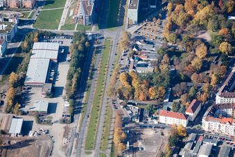 Drone recording of Kriegsstraße East in the district Südstadt in Karlsruhe in the state Baden-Wuerttemberg, Germany