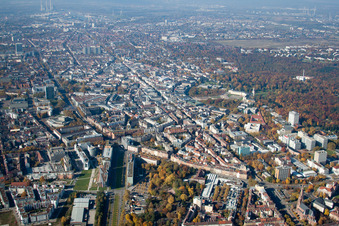 From the east in the district Südstadt in Karlsruhe in the state Baden-Wuerttemberg, Germany
