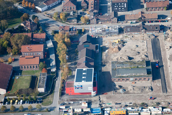 Aerial view of Madhouse at the old slaughterhouse in the district Oststadt in Karlsruhe in the state Baden-Wuerttemberg, Germany