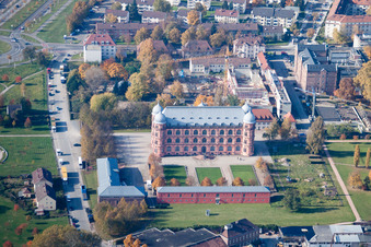 Aerial view of Building complex of the university Schloss Gottesaue/Hochschule fuer Musik in Karlsruhe in the state Baden-Wurttemberg