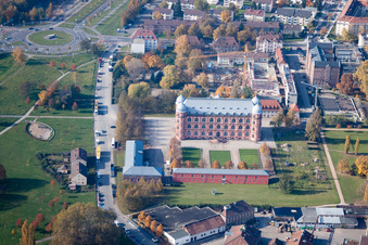 Aerial view of Gottesaue Castle (Music Academy) in the district Oststadt in Karlsruhe in the state Baden-Wuerttemberg, Germany