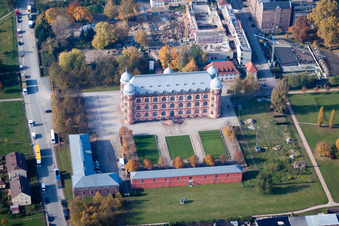 Aerial photograpy of Building complex of the university for music castle Gottesaue in Karlsruhe in the state Baden-Wurttemberg