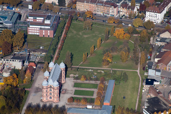 Oblique view of Building complex of the university Schloss Gottesaue/Hochschule fuer Musik in Karlsruhe in the state Baden-Wurttemberg