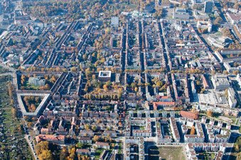 Aerial view of District Südstadt in Karlsruhe in the state Baden-Wuerttemberg, Germany