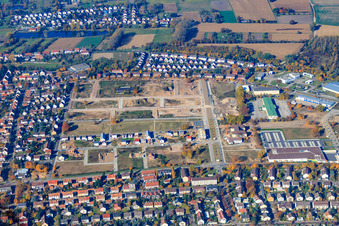Aerial view of New development area Keßlauerstraße from the east in the district Knielingen in Karlsruhe in the state Baden-Wuerttemberg, Germany