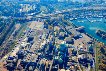 Aerial photograpy of Maxau Paper Mill Stora-Enso in the district Knielingen in Karlsruhe in the state Baden-Wuerttemberg, Germany