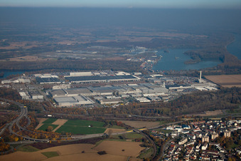 Aerial view of Daimler from the south in the district Maximiliansau in Wörth am Rhein in the state Rhineland-Palatinate, Germany