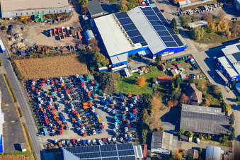 Aerial view of Industrial area Industriestraße with AG AUTOMOBILE VEHICLE PREPARATION - TIRE SERVICE - VEHICLE PURCHASE STATION - CAR DEALERSHIP - REGISTRATION SERVICE in Hagenbach in the state Rhineland-Palatinate, Germany