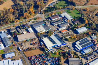 Oblique view of Industrial area Industriestraße with AG AUTOMOBILE VEHICLE PREPARATION - TIRE SERVICE - VEHICLE PURCHASE STATION - CAR DEALERSHIP - REGISTRATION SERVICE in Hagenbach in the state Rhineland-Palatinate, Germany
