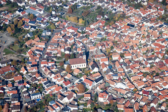 Church building in the village of in Hagenbach in the state Rhineland-Palatinate from above