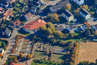 Aerial view of Hainbuchenschule primary school Hagenbach and cultural center and new cemetery in Hagenbach in the state Rhineland-Palatinate, Germany