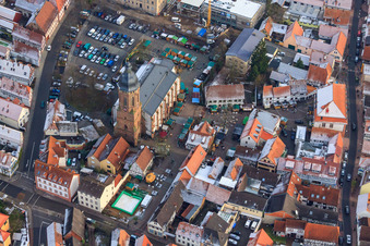 Aerial photograpy of Christmas market at the Plätzl and around St. George's Church in Kandel in the state Rhineland-Palatinate, Germany