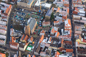 Oblique view of Christmas market at the Plätzl and around St. George's Church in Kandel in the state Rhineland-Palatinate, Germany