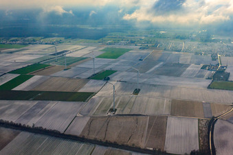 Wind farm Minfeld in snow in Minfeld in the state Rhineland-Palatinate, Germany