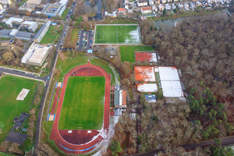 Aerial photograpy of Bienwald Stadium with some snow in Kandel in the state Rhineland-Palatinate, Germany