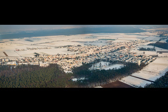 Aerial view of Panorama of the town view from the southwest in winter with snow in Hatzenbühl in the state Rhineland-Palatinate, Germany