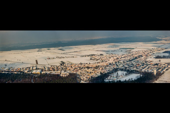 Aerial photograpy of Panorama of the town view from the southwest in winter with snow in Hatzenbühl in the state Rhineland-Palatinate, Germany