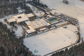 Aerial view of IGS Rheinzabern, Römerbergschule in winter with snow in Rheinzabern in the state Rhineland-Palatinate, Germany
