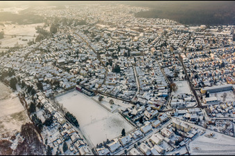 TSG football pitch in winter with snow in Jockgrim in the state Rhineland-Palatinate, Germany