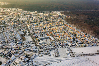 Schelmenwaldstraße in winter with snow in Jockgrim in the state Rhineland-Palatinate, Germany