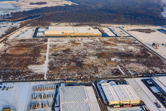 Oberwald industrial area in winter with snow in Wörth am Rhein in the state Rhineland-Palatinate, Germany