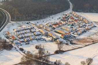 Aerial view of New development area Im Schnabel in winter with snow in Wörth am Rhein in the state Rhineland-Palatinate, Germany