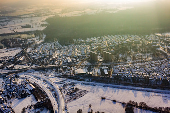 Aerial view of Birkenstraße in winter with snow in Wörth am Rhein in the state Rhineland-Palatinate, Germany