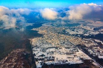 City view from the west in winter with snow in Jockgrim in the state Rhineland-Palatinate, Germany