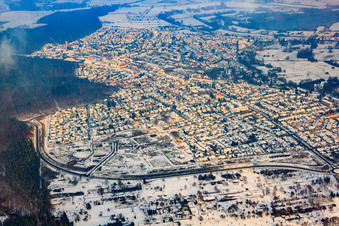 Aerial view of City view from the west in winter with snow in Jockgrim in the state Rhineland-Palatinate, Germany