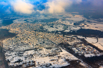 Aerial photograpy of City view from the west in winter with snow in Jockgrim in the state Rhineland-Palatinate, Germany