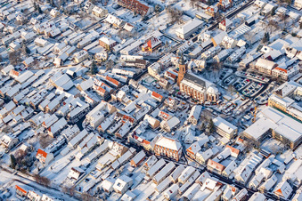 Main street in winter with snow in Kandel in the state Rhineland-Palatinate, Germany viewn from the air