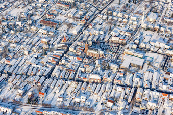Drone recording of Main street in winter with snow in Kandel in the state Rhineland-Palatinate, Germany