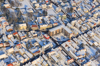 Aerial view of Just building in winter with snow in Kandel in the state Rhineland-Palatinate, Germany