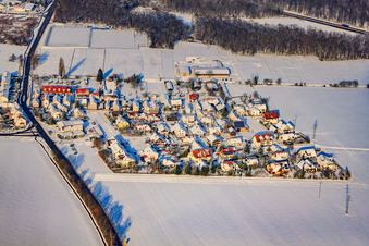 Aerial view of Roman road in winter with snow in the district Minderslachen in Kandel in the state Rhineland-Palatinate, Germany