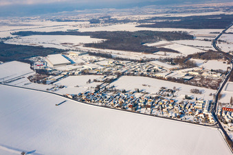Aerial view of In winter when there is snow in the district Minderslachen in Kandel in the state Rhineland-Palatinate, Germany
