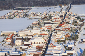 Aerial view of Main Street in Winter/Snow in the district Hayna in Herxheim bei Landau in the state Rhineland-Palatinate, Germany