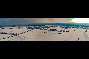Panorama of the village view from the north in winter with snow in Hatzenbühl in the state Rhineland-Palatinate, Germany