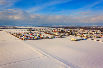 Aerial photograpy of New development area Brotäcker in winter with snow in Steinweiler in the state Rhineland-Palatinate, Germany