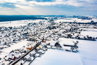 Aerial view of In winter when there is snow in Minfeld in the state Rhineland-Palatinate, Germany