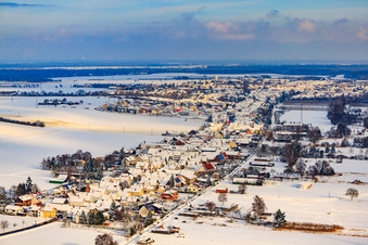 Aerial view of Saarstrasse in the snow in Kandel in the state Rhineland-Palatinate, Germany