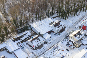 Aerial photograpy of Elsässerstraße Fa. Frey Sondermaschinen in snow in winter in Kandel in the state Rhineland-Palatinate, Germany