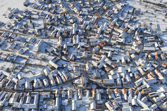 Aerial view of Dorbrunnenstraße in snow in winter in the district Büchelberg in Wörth am Rhein in the state Rhineland-Palatinate, Germany